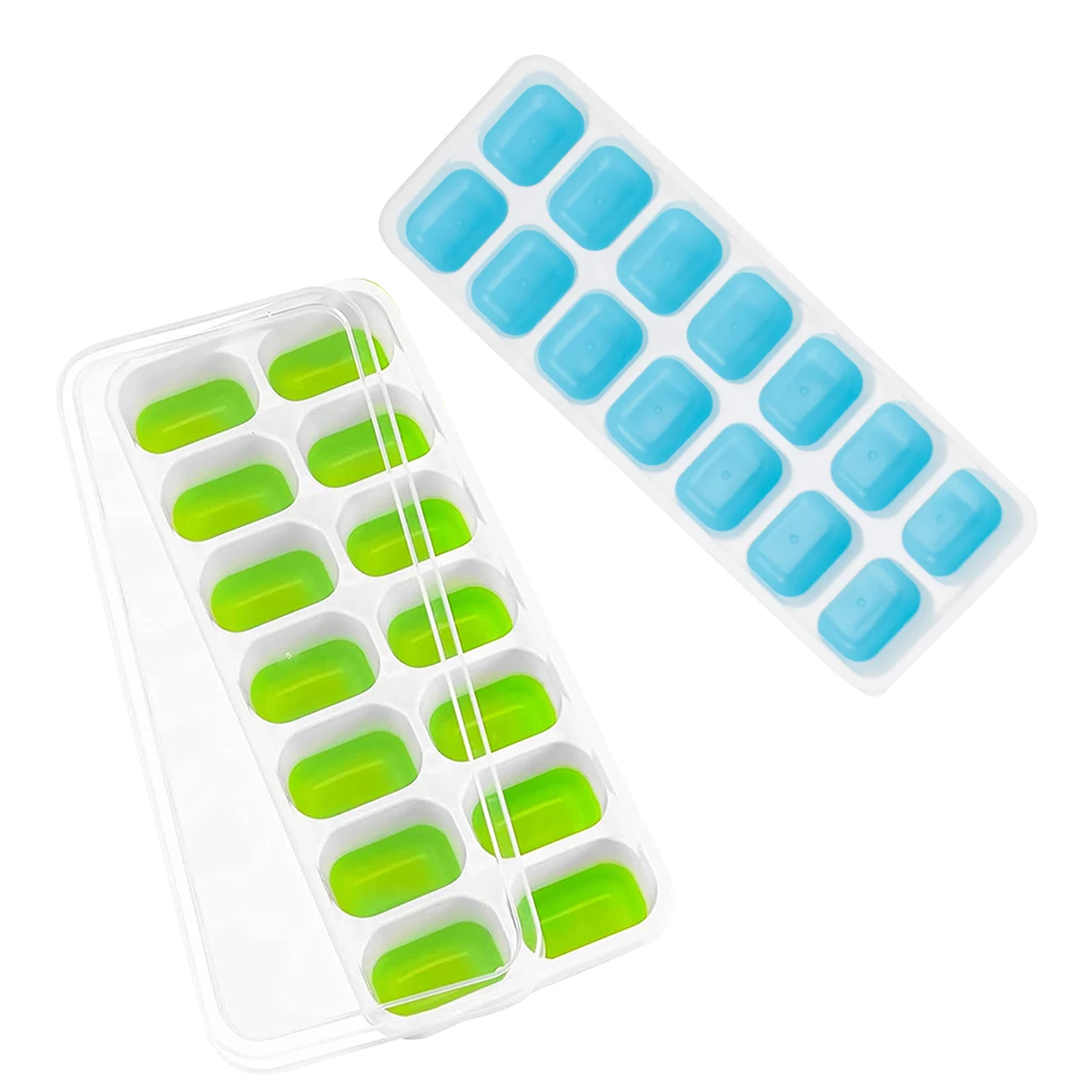 Green Ice Cube Trays 4 Pack Easy-Release Silicone Flexible 14 With Lid 