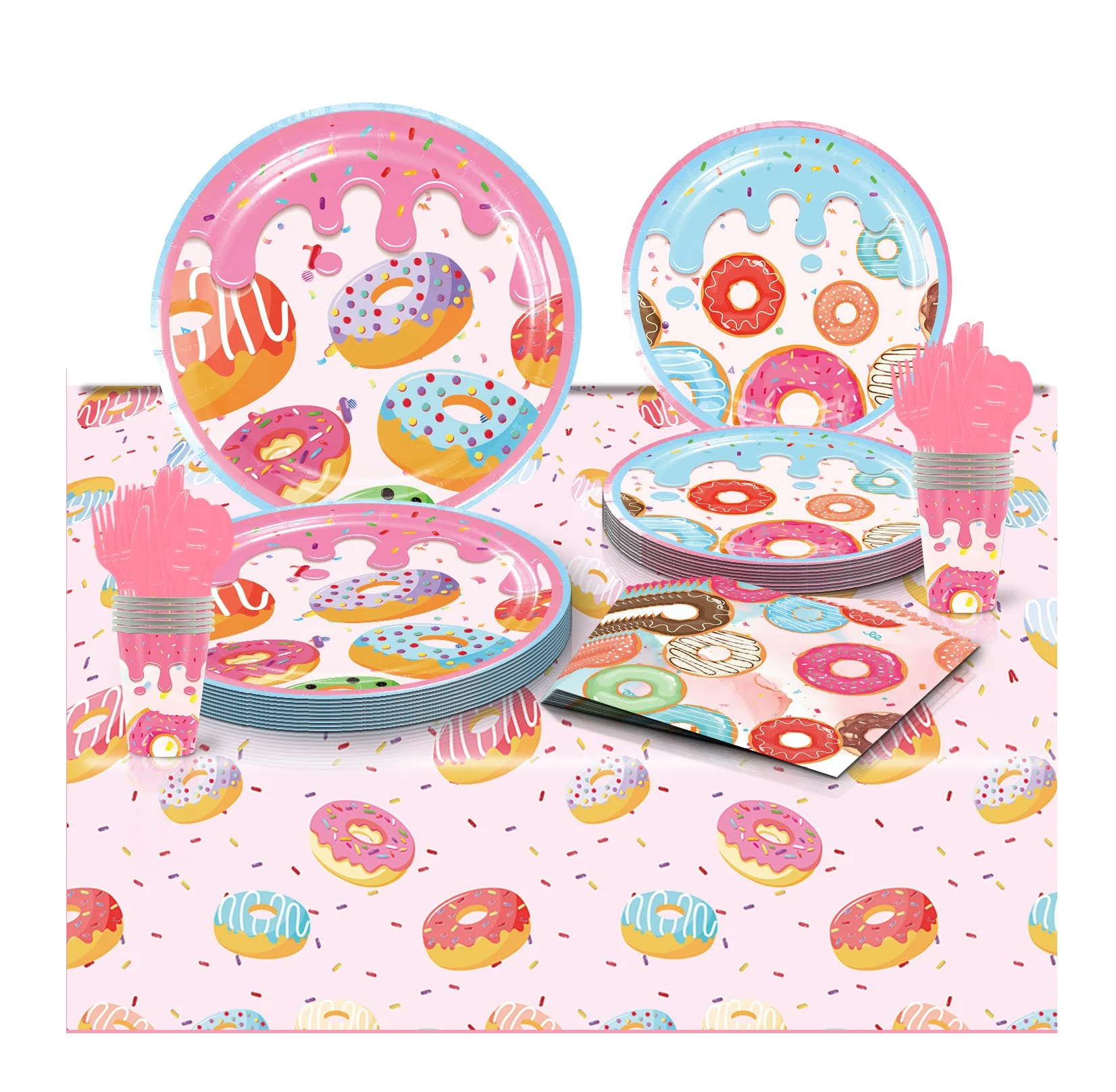 Donut Themed Children's Birthday Party Disposable Tableware Party Set Plates Paper Cups Napkin Tablecloth