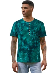 100% cotton Tie Dye Men's Short Sleeve Henley Collar T Shirts Casual Soft Buttons T-Shirts