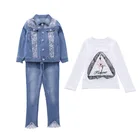 Children Support Eco-friendly Fashion Sweet Lace Denim Coat Pants 3 Piece Set Casual Children Suit Girl