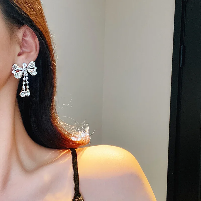 S925 sterling silver luxury exquisite temperament long tassel rhinestone bowknot fashion jewelry earrings