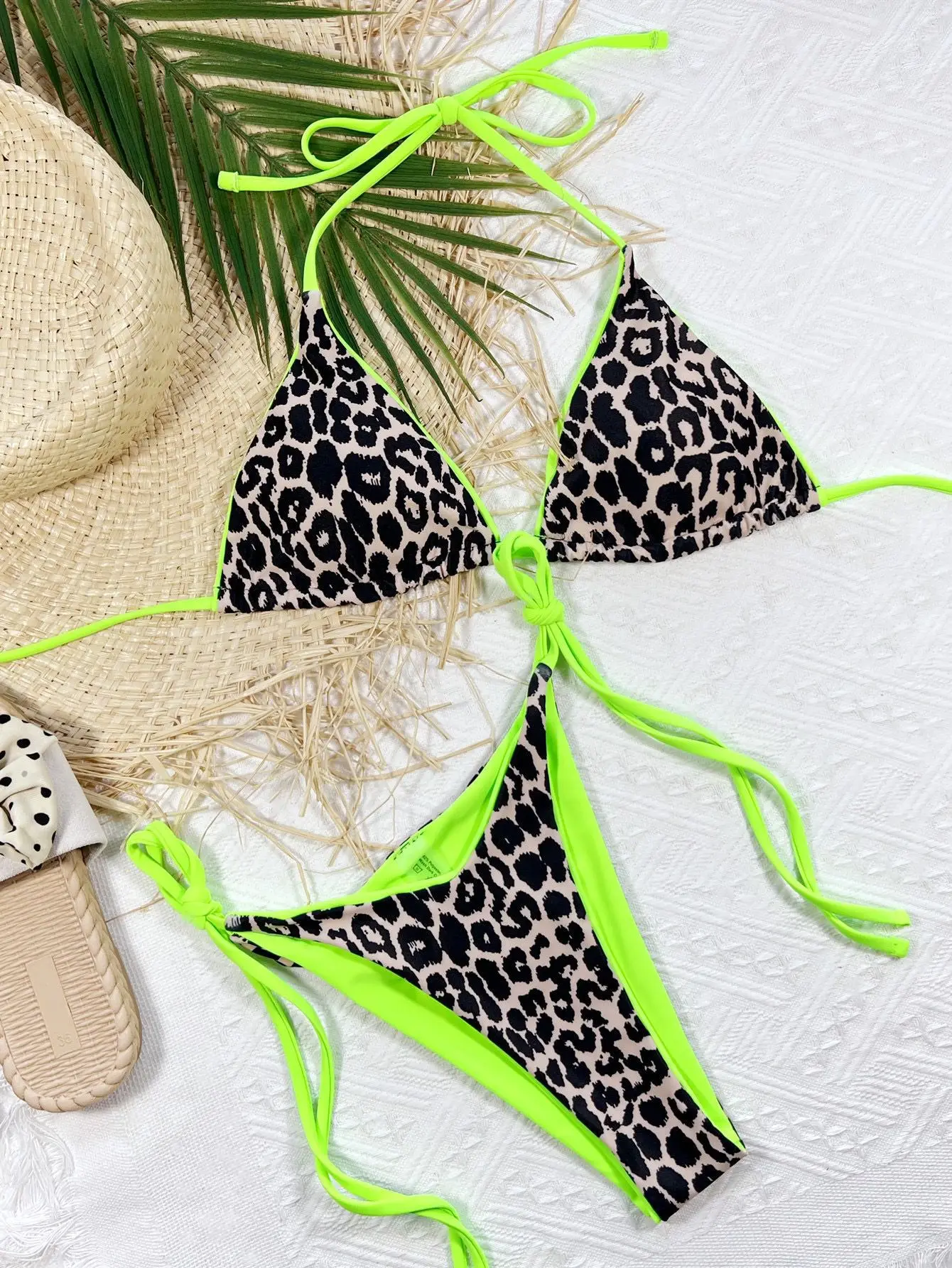 Sexy leopard print swimsuit bikini split swimsuit three-point bikini lace-up backless swimsuit