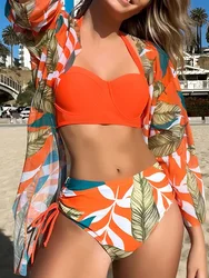 2023 Printed Cover Up Sexy Swimsuit Women High Waist Bikini Strappy Neck Bikini Beach Swimwear