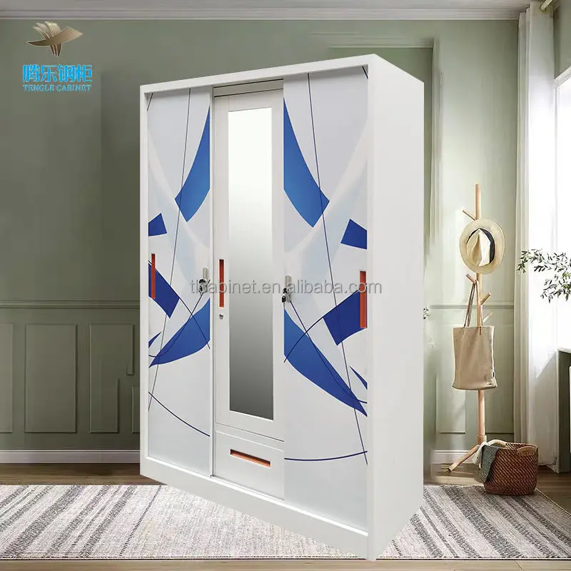 Modern Design Metal Wardrobe Manufacturers 3 Door Wardrobe With Sliding Doors Closet Cabinet Locker Steel Wardrobe