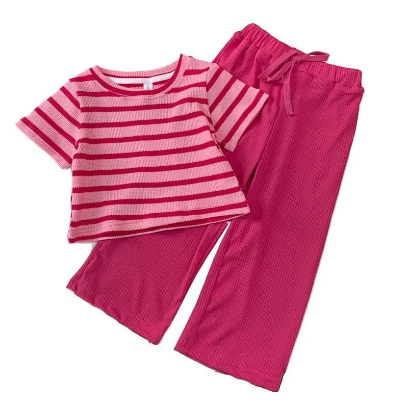 Girls Clothing Sets Summer New Trendy Pink Striped Top Wide-leg Pants Kids Clothing Luxury Polyester Pinstripe Baby Clothing Set
