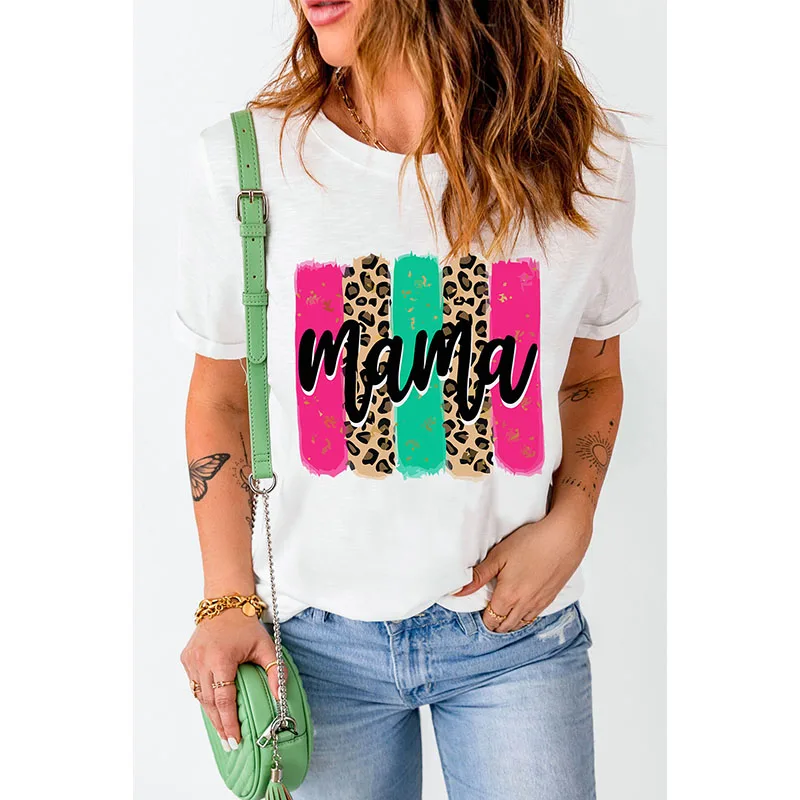 Dear-Lover Wholesale Fast Shipping Mother Day Mama Leopard Brush Stroke Printed Polyester Graphic T Shirt