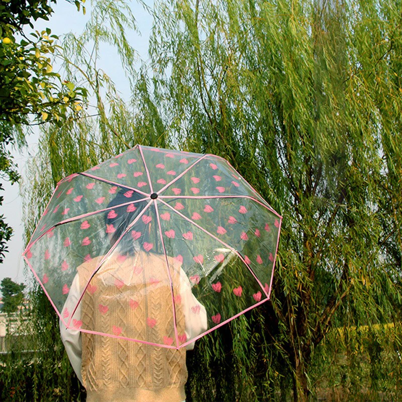 WHY423 Transparent Three Folding Umbrella Women Fresh Rain-Proof Girl Pink Love Heart Manual Travel Rain Umbrella