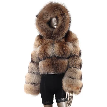 winter brown hooded short raccoon fur coat plus size style crop fur coats real fox fur jackets women