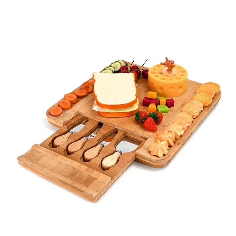 Bamboo Cheese Cutting Board and Cutlery Set with Slate Centerpiece  Charcuterie Platter Kitchen Chopping Board