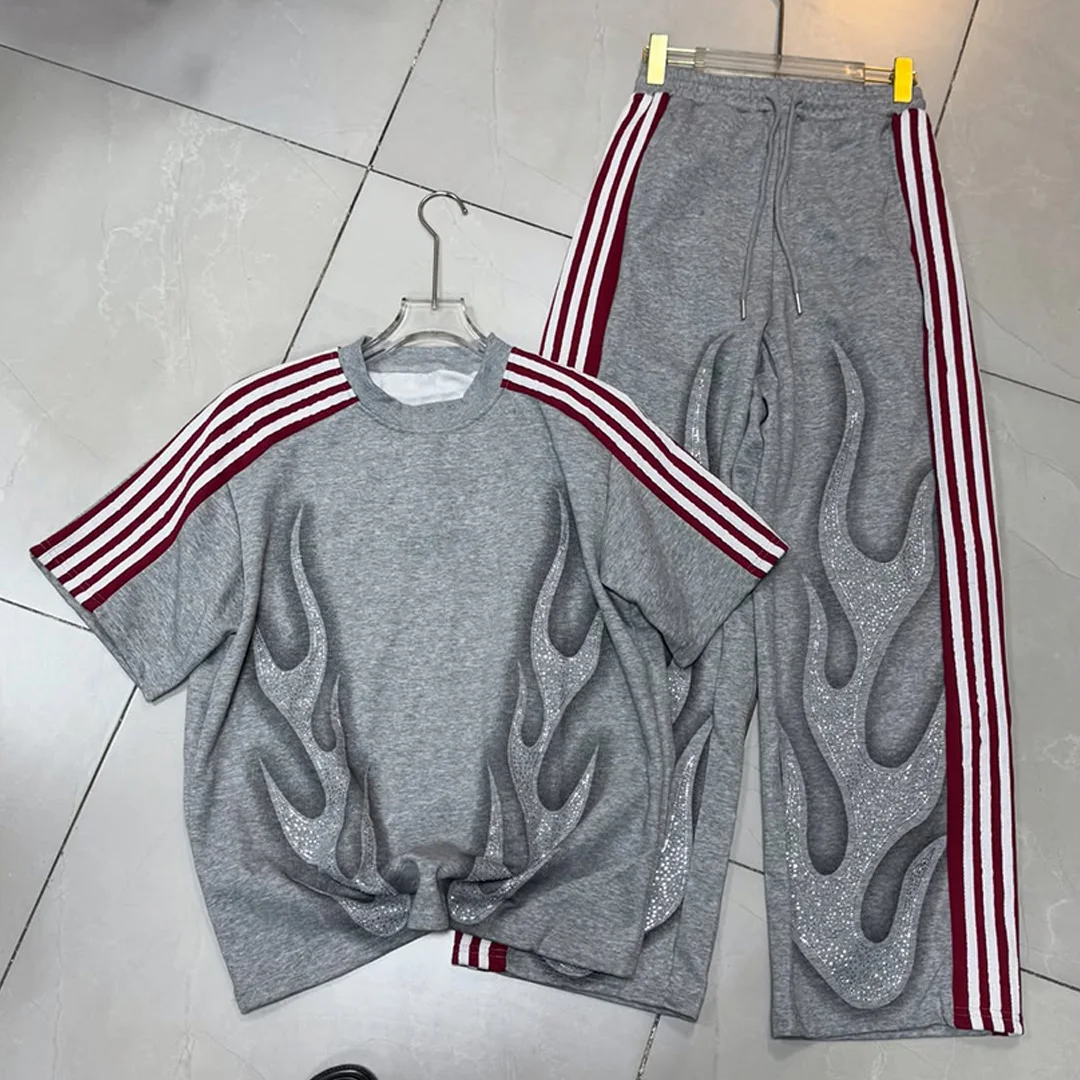 product 100 cotton custom streetwear tracksuit men oversized silhouette screen print t shirt casual sweatpants two piece set614-3