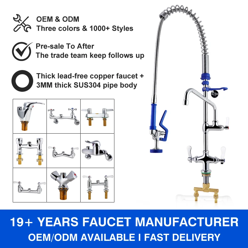 Adjustable 38\" Industrial Design Deck Mount Commercial Kitchen Faucet with Dual Handle Pre Rinse Spring Faucet Pull Out Spray manufacture