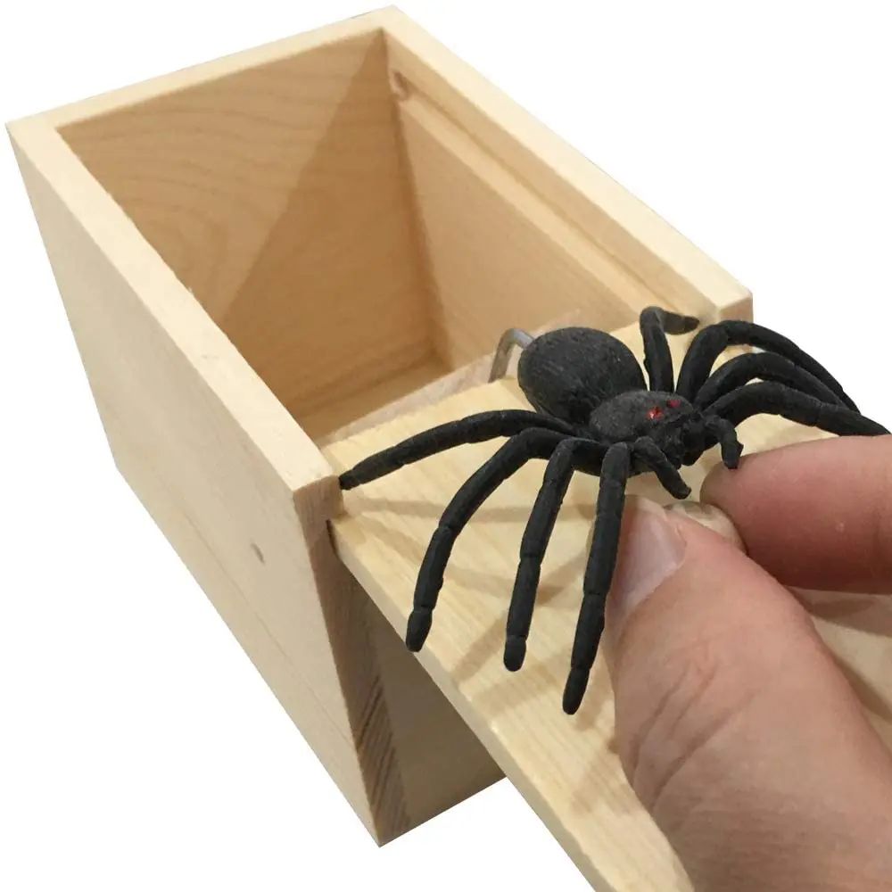 rubber spider prank box,handmade wooden surprise box prank,fun