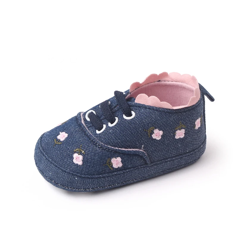 New Spring and Autumn Pure Color Denim Embroidered Flower Front Lace-up Cute Fashion Infant Princess Toddler Shoes for Baby Girl supplier