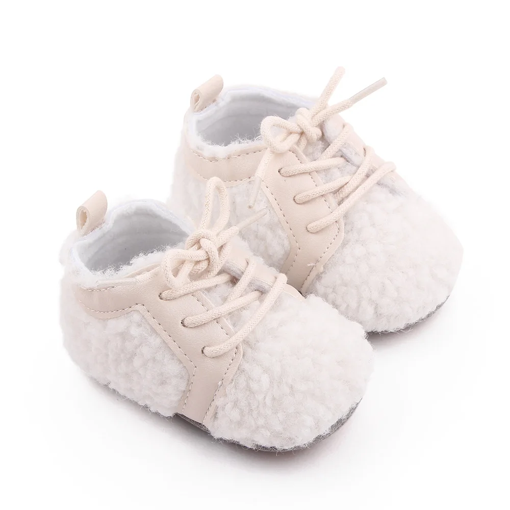 PU Leather Solid Color Plush Front Lacing Cute Warm Baby Soft Soled Toddler Cotton Shoes factory