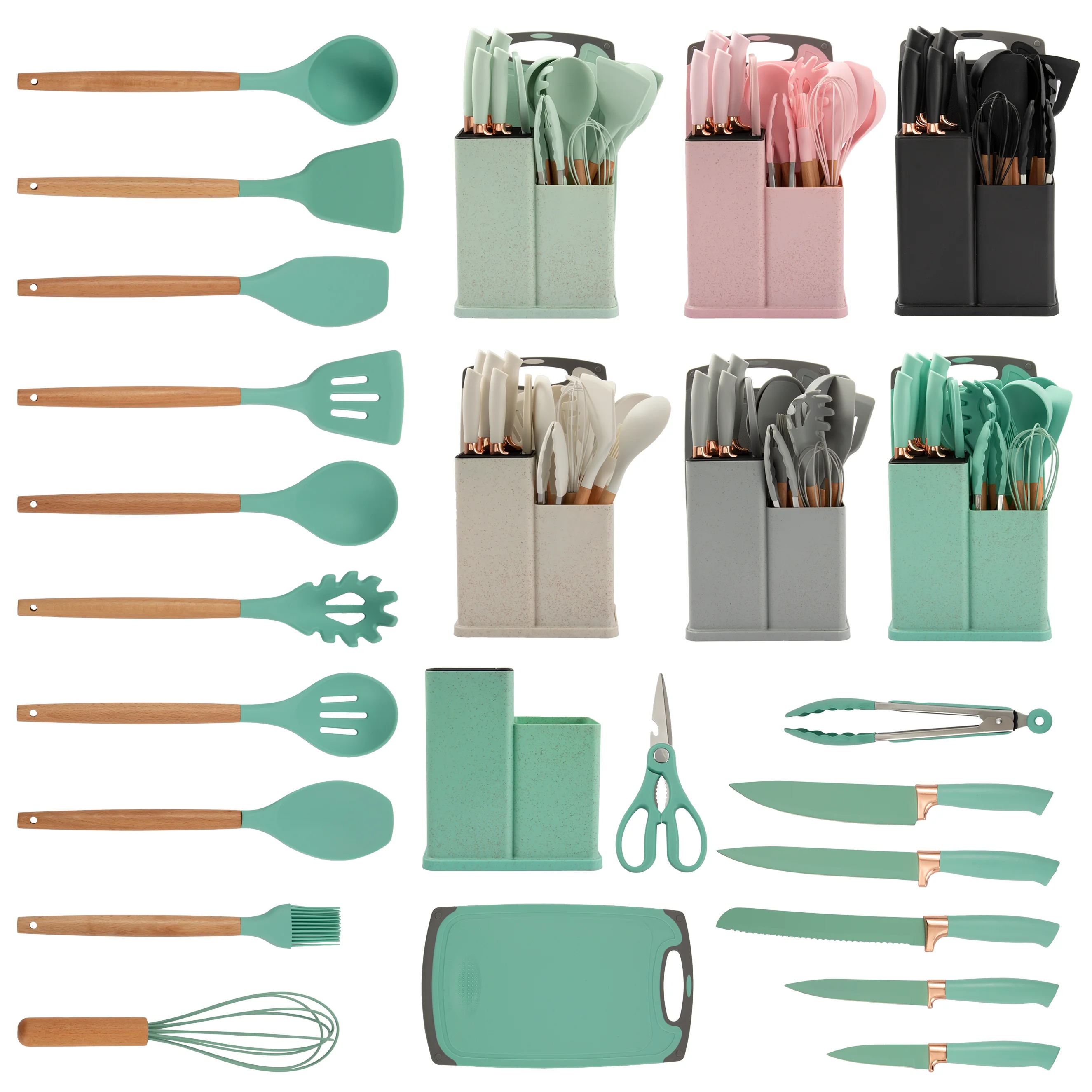 Dinnerware 19 Pcs set silicone kitchenware accessories cooking tools set spatula stirring kitchen utensils Wooden Handle