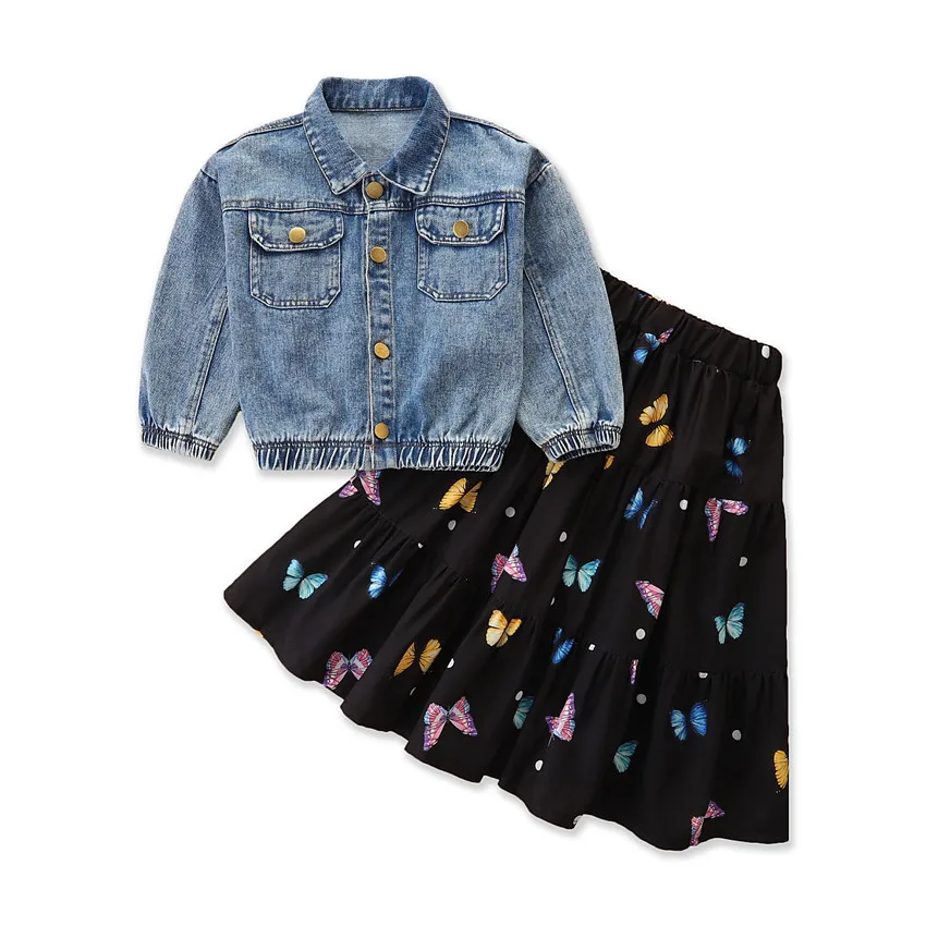 New boutique toddler girls 2pcs clothing sets solid denim jacket top+butterfly printed skirt clothes set for girls