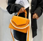 Leather Pearl Simple Solid Color Pu Leather Bag Handbag Pearl Beaded Chain 1 Shoulder Diagonal Bag