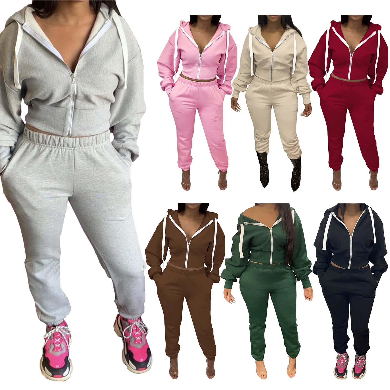 Women Fleece Zipped Hoodie Tracksuits 