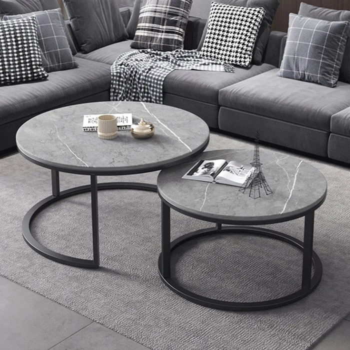 2021 mesa de centro Modern industrial industrial nesting metal leg with storage round grey marble top coffee shop tables