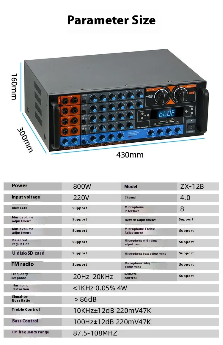 ZX-12B 4.0 Channel 800W HiFi Audio Amplifier Hot-Selling High-Power BT Wireless Home Audio Large Digital Receiver Amplifier