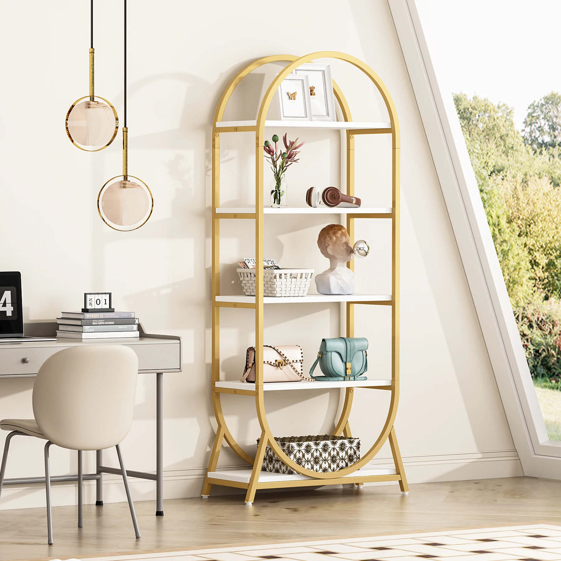 Home Decor Study Room 5 Layers Golden Luxury Movable Round Bookshelf