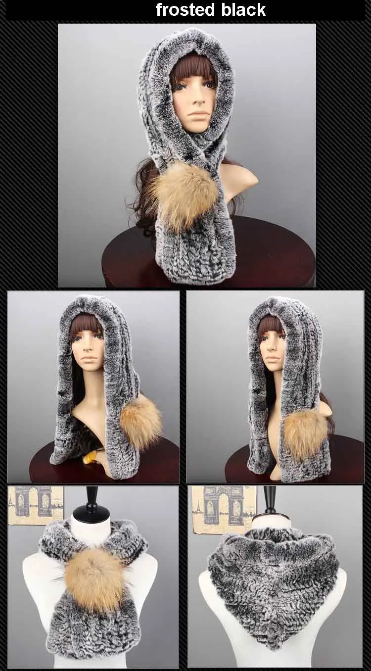 knit rex fur hood scarf frosted black 1