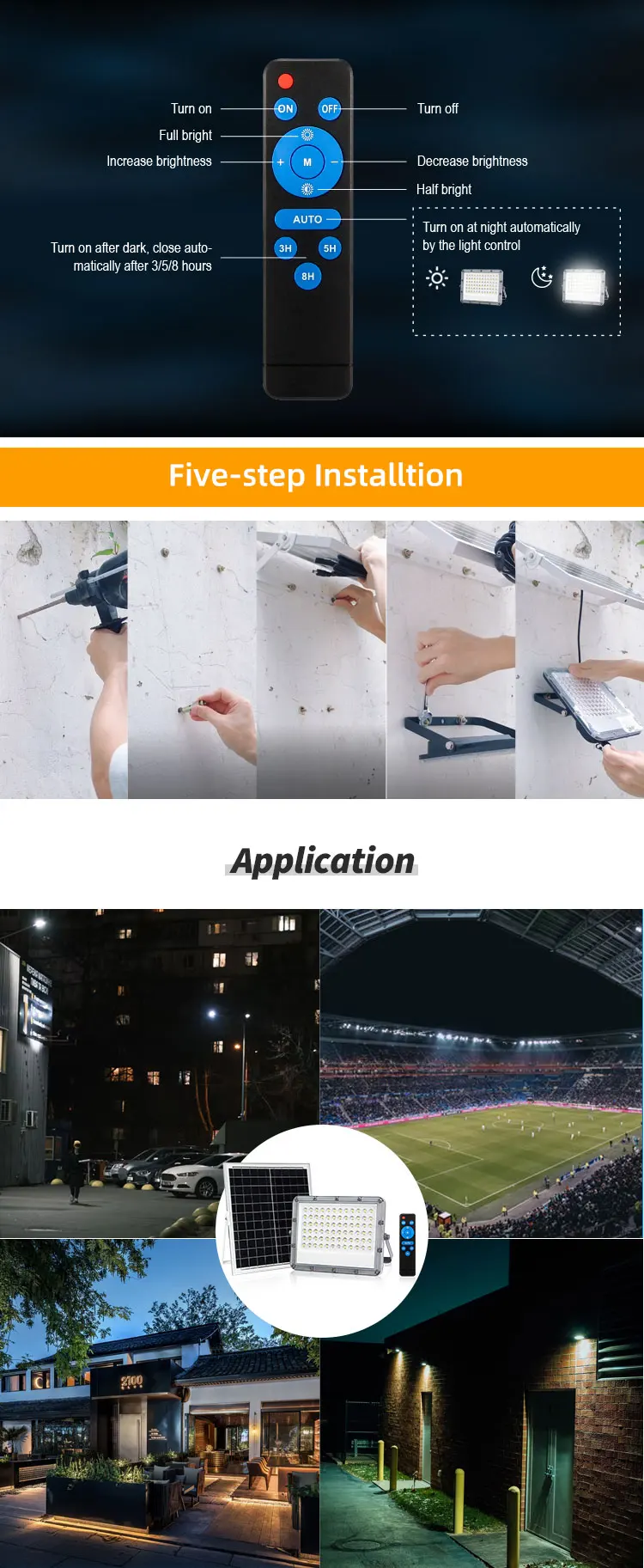 KCD DC 12v 5000k 200w 300w 500w 600w IP65发光二极管太阳能灯运动传感器3模式泛光灯便携式太阳能泛光灯户外