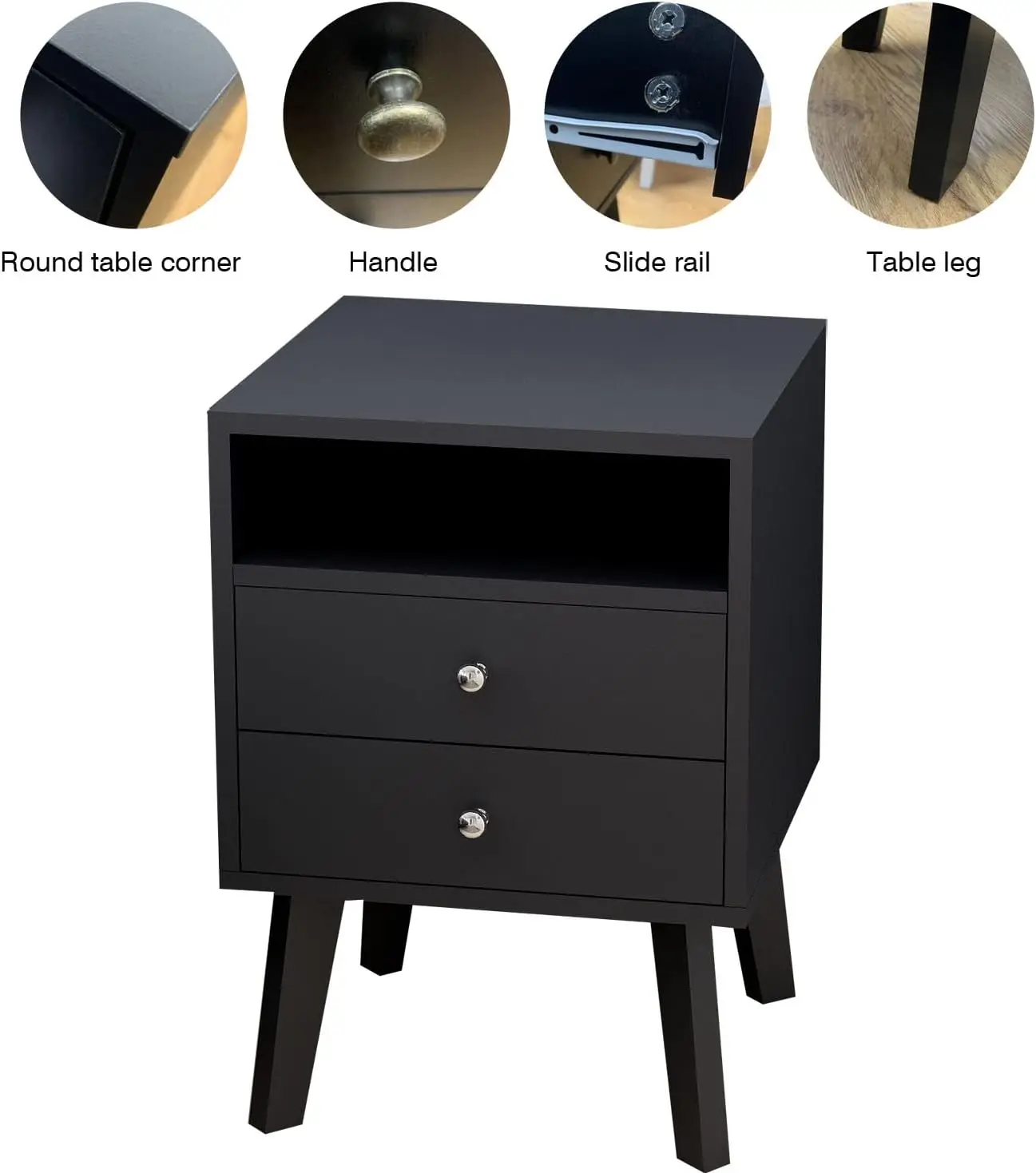Black Nightstands Bedroom Bedside Tables MDF Wood Night Stands with 2 Drawers and Open Shelf