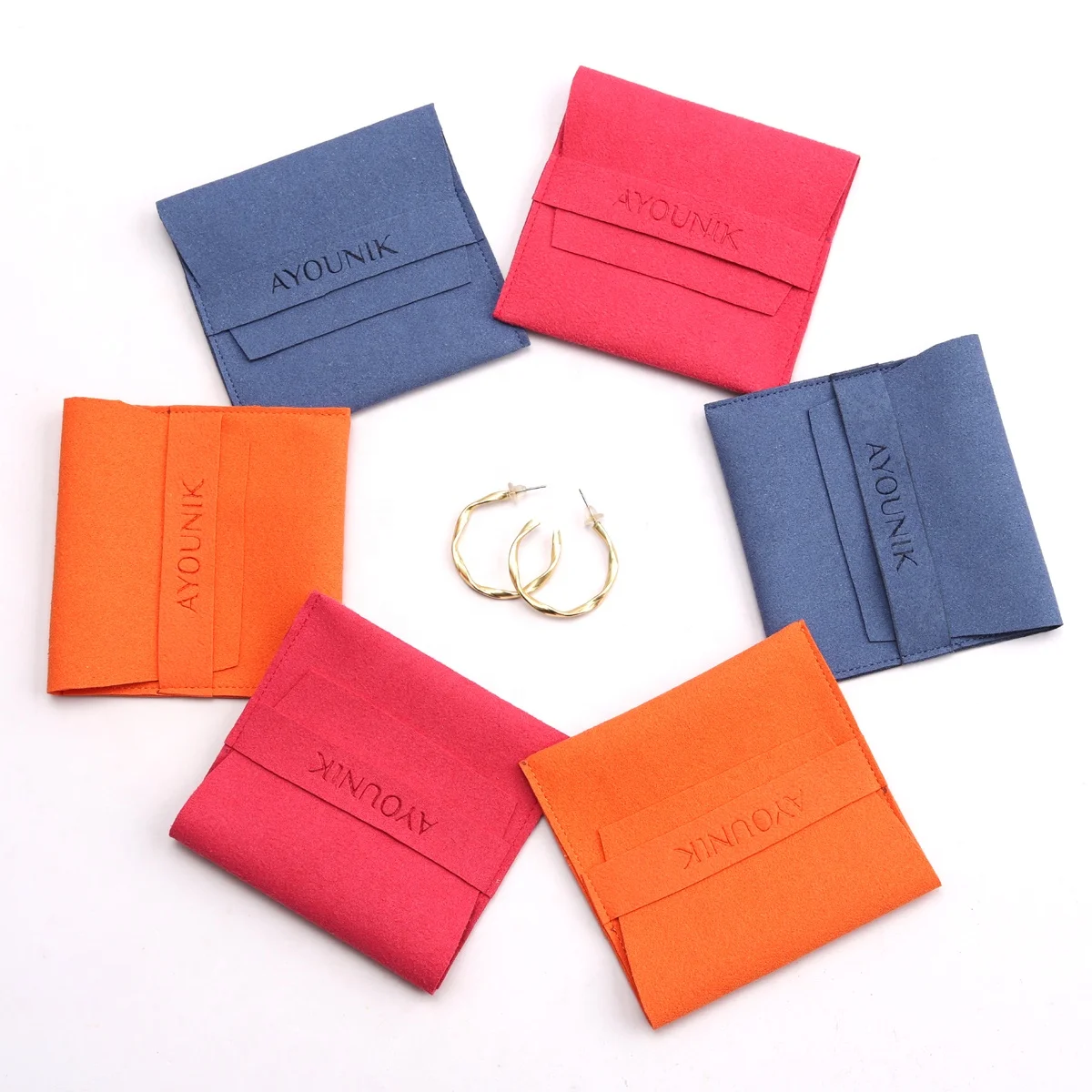 Custom Logo Printed Microfiber Envelope Jewelry Earring Necklace Ring Pouch Luxury Suede Jewelry Storage Bag