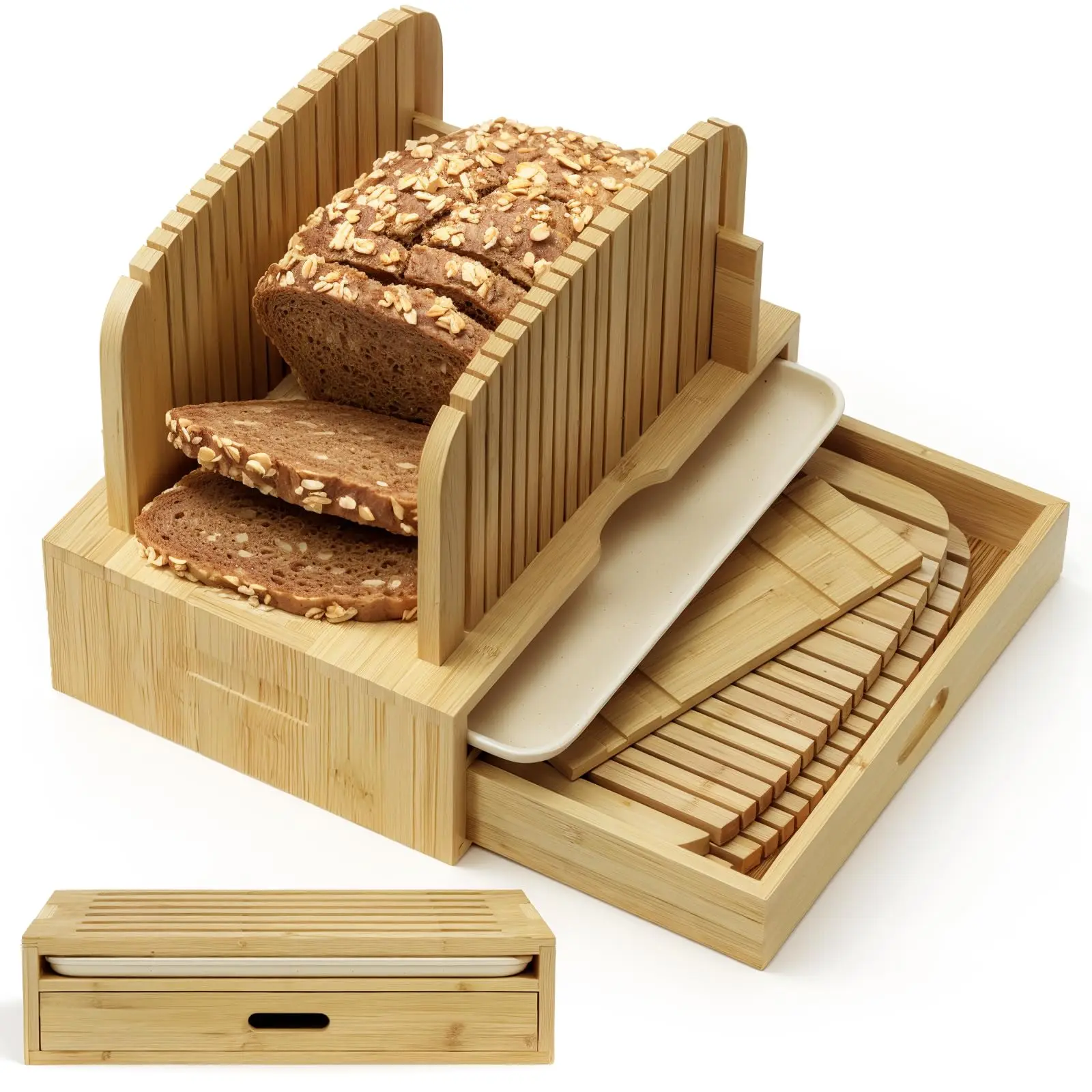 product bamboo bread slicer for homemade loaf foldable bread cutter with crumb tray storage drawer for bakery wholesale-3