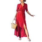 Red Wholesale Clothing Red Polka Dot Button Down Maxi Shirt Casual Dresses Women Long