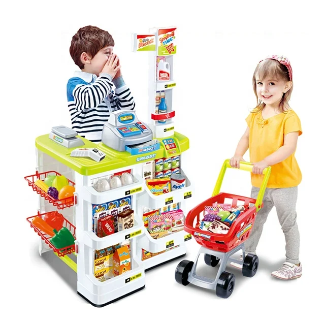USA Shipping Directly Kids Play Grocery Store Mart Cashier Play Set 55 Pieces Supermarket Play Pretend Grocery Grocery Store Playset with Scanner & Credit Card Machine for Toddlers 