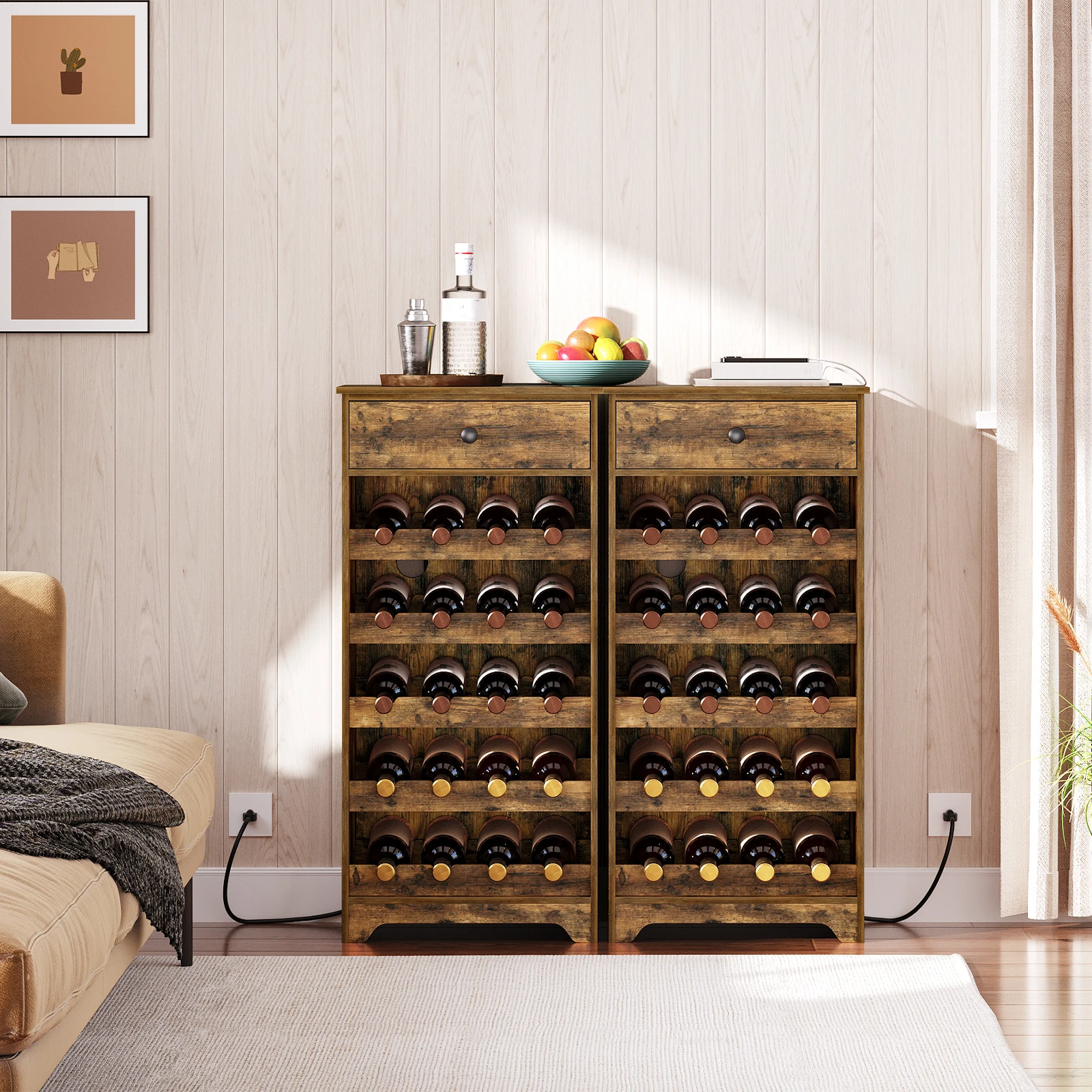 Wholesale Industrial Wood 4/5 Tier Shelves Wine Rack Bar Cabinet With Storage Charging Station for House Living Room Furniture