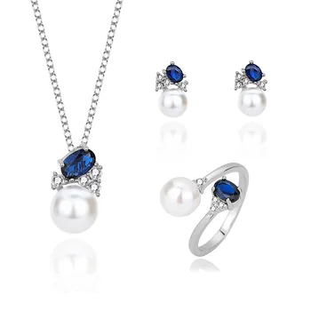 Fine Jewelry Zircon Popular Ring Set 925 Sterling Silver Pearl Earrings Necklace Pearl Necklace Jewelry Set for Women