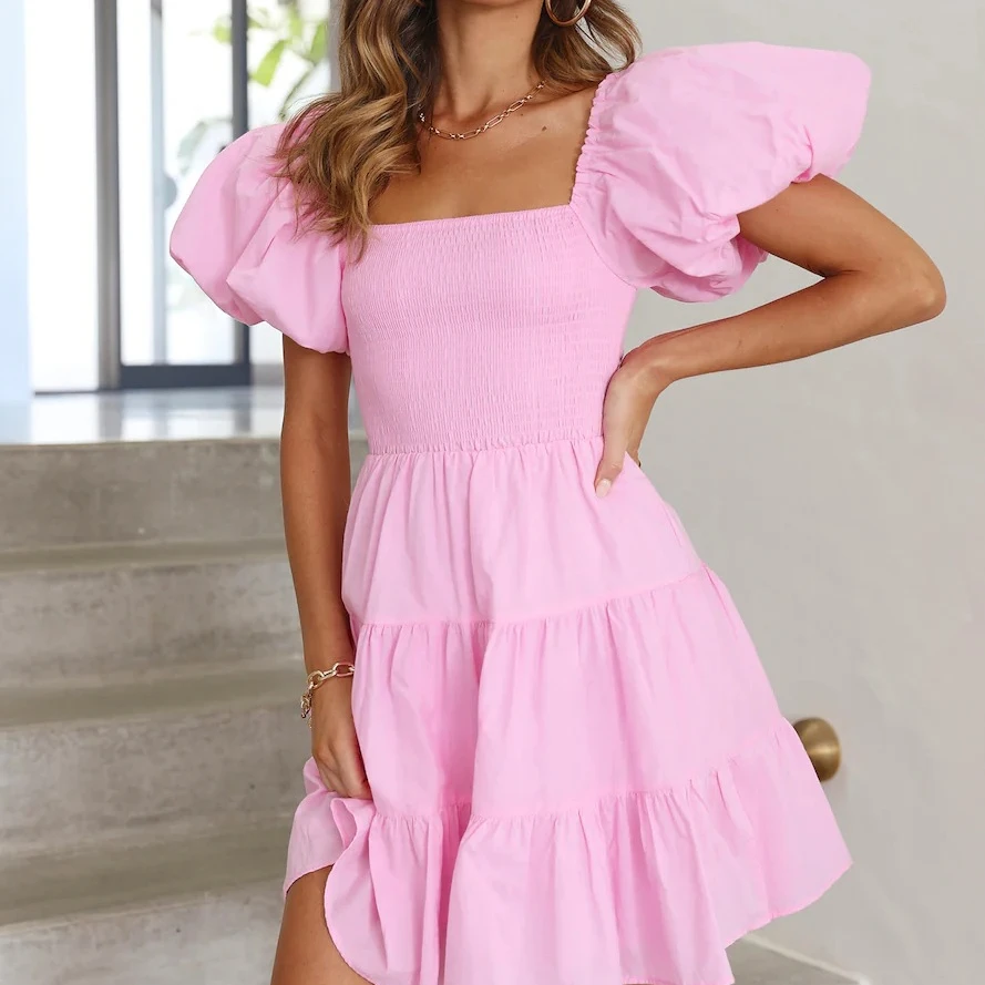 Customization Cotton Linen Ladies Dresses Holiday Balloon Sleeve Ruffles Midi Smocking Summer Casual Dress For Lady