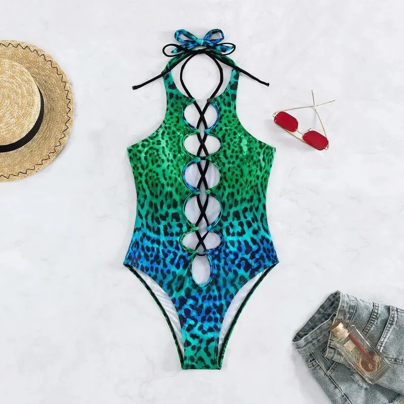 One Piece Bikini Set Print Swimwear Sexy Bathing Suits Girl Halter