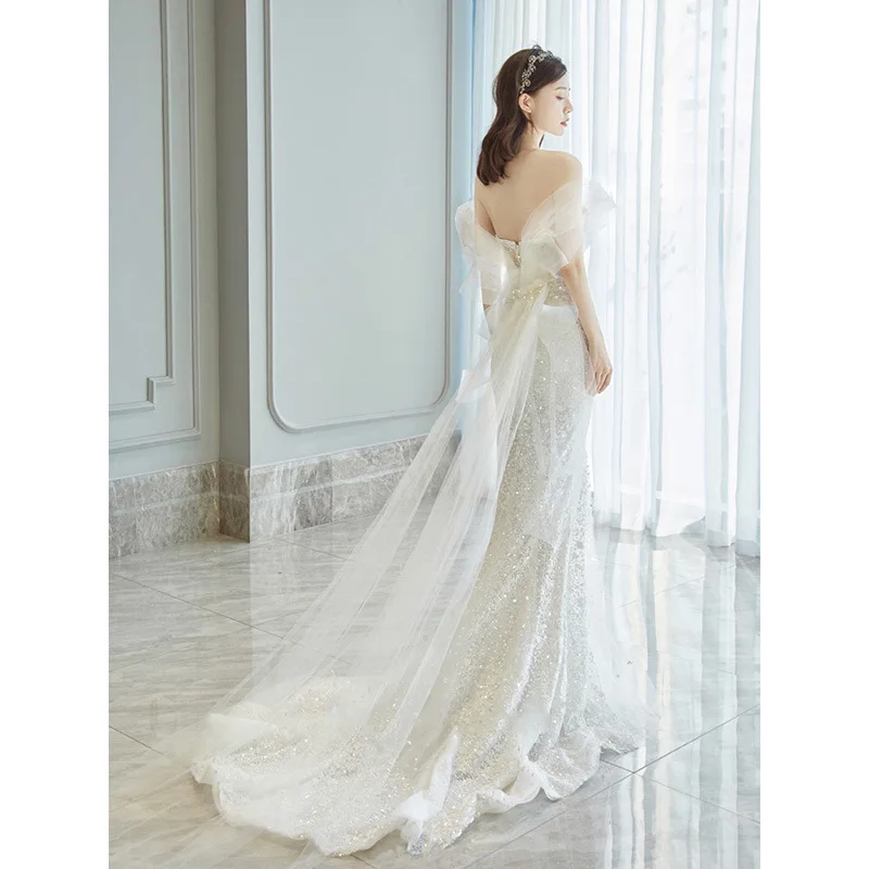 New Arrival Mermaid Wedding Dress Bridal One Shoulder Sequin Temperament Trailing Wedding Dress