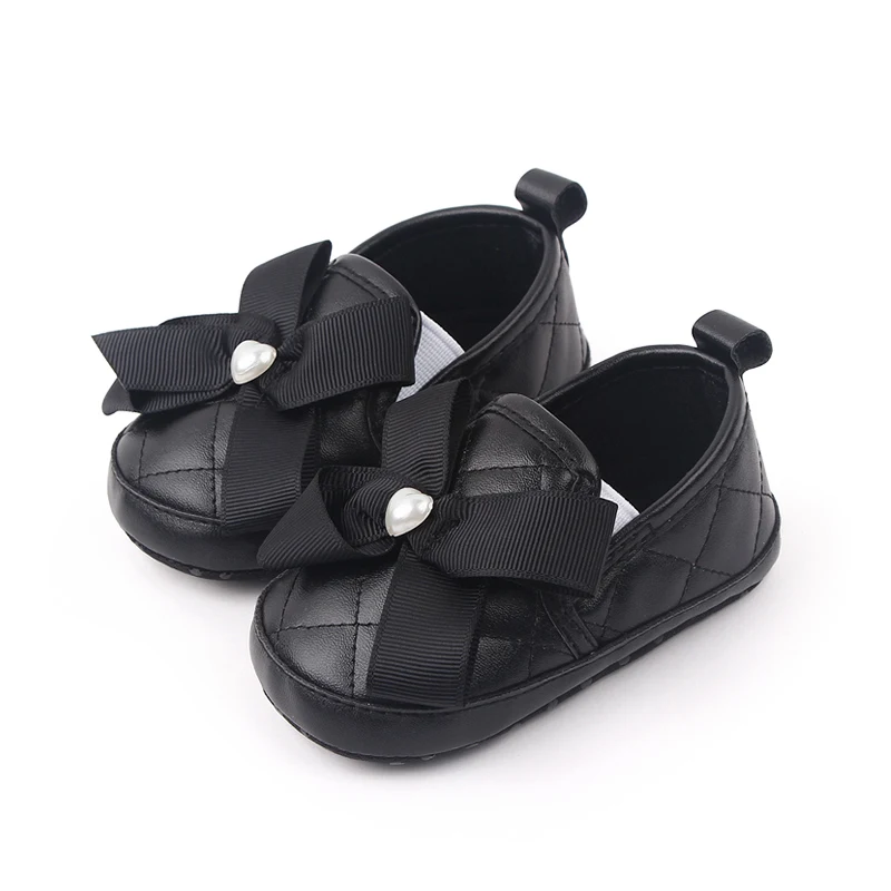 Soft Soled Big Bow Infant Shoes Diamond Check PU Leather Shoes 0-1 Year Old Baby Girls Walking Shoes manufacture