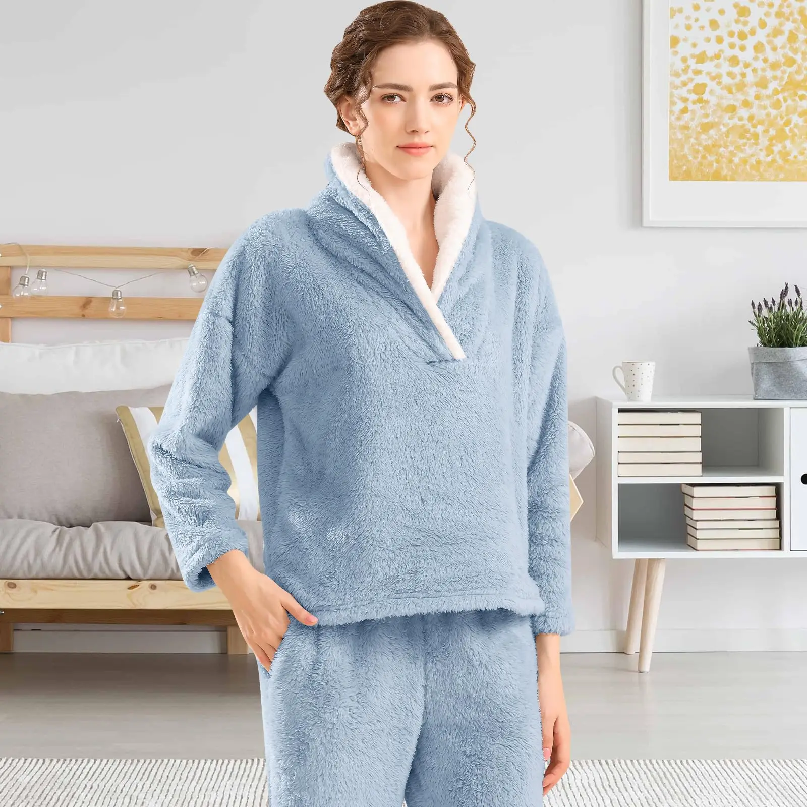 Flannel Sleepwear Plush Pajama Lounge Pants Set Fuzzy Fleece Pajamas Sets for Women