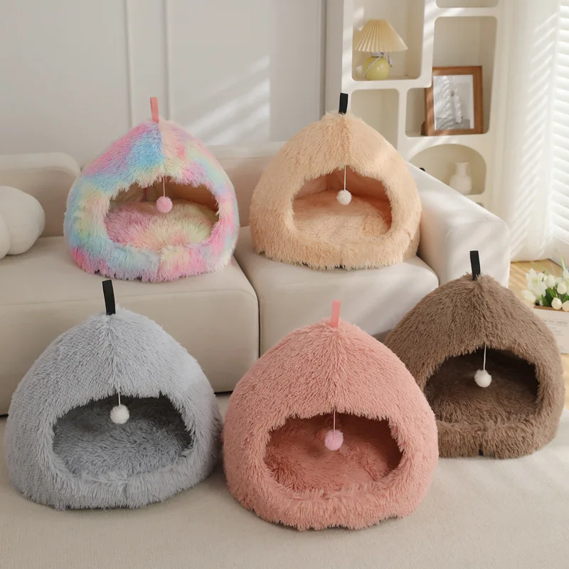 product fluffy dog cat cave bed with ball toys multi colors doggy cat sleeping bed indoor cat house-50