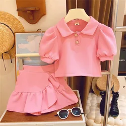 2023 Summer Casual Girls Clothing Sets Puff Sleeves Tops + Skirts Two Pcs Suit TZ71066