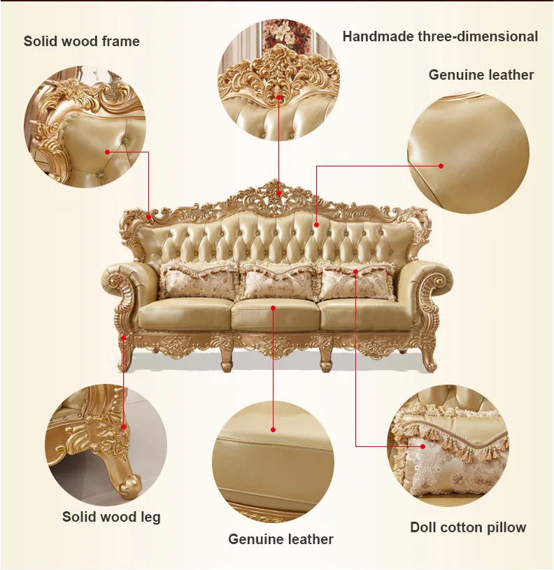 New Design Antique Sofa European Style Classic Genuine Leather Sofa