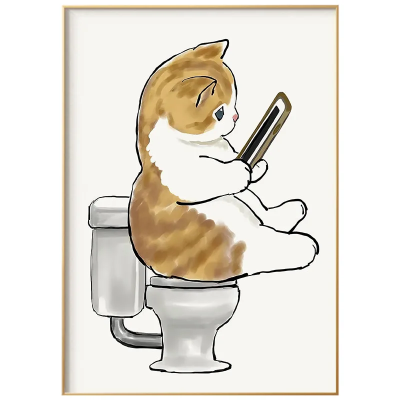 Funny Cat Bathroom Wall Art Canvas Print Orange Tabby Cat Using Phone Toilet Cute Humorous Minimalist Neutral Home Decor