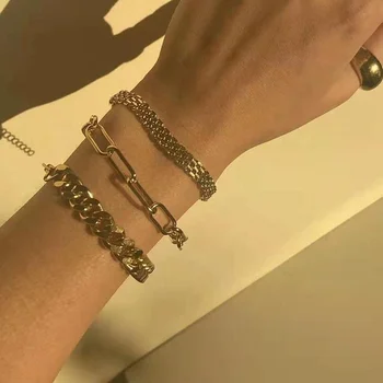 Retro mesh belt titanium gold plated wide bracelet 18K Gold Plated Stainless Steel link Chain bracelet Cuban chain bracelets
