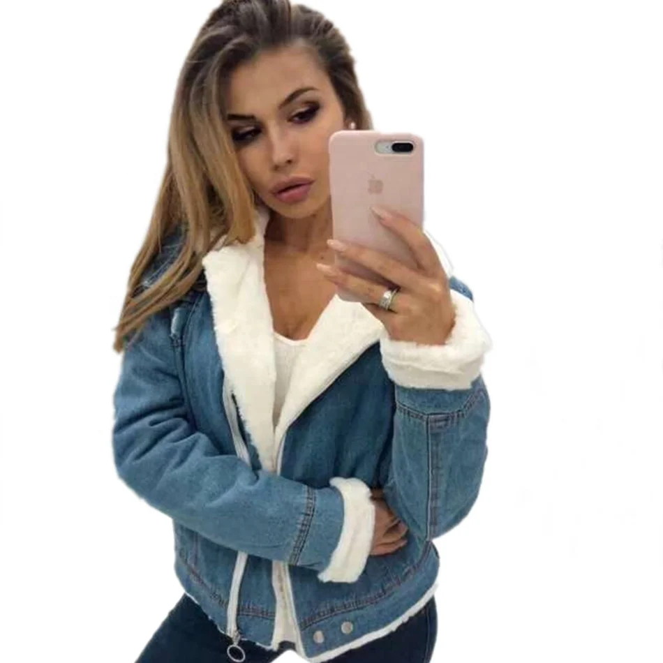 Style Denim Jacket Women Fur White Fur 