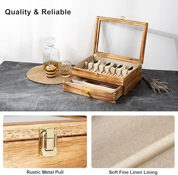 product wooden silverware chest with glass lid 2 drawer flatware storage box felt lined cutlery organizer for kitchen dining utensils-4