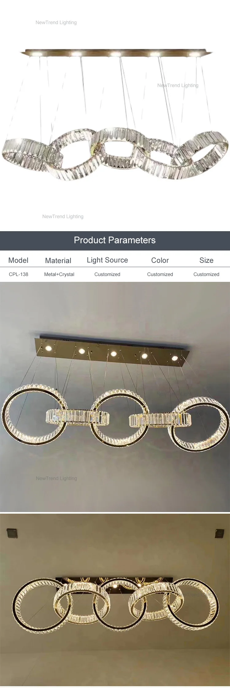 CPL-138 New Design Indoor Decoration LED Lighting Hotel Villa Mall Staircase Luxury Custom Ring Crystal Chandelier supplier