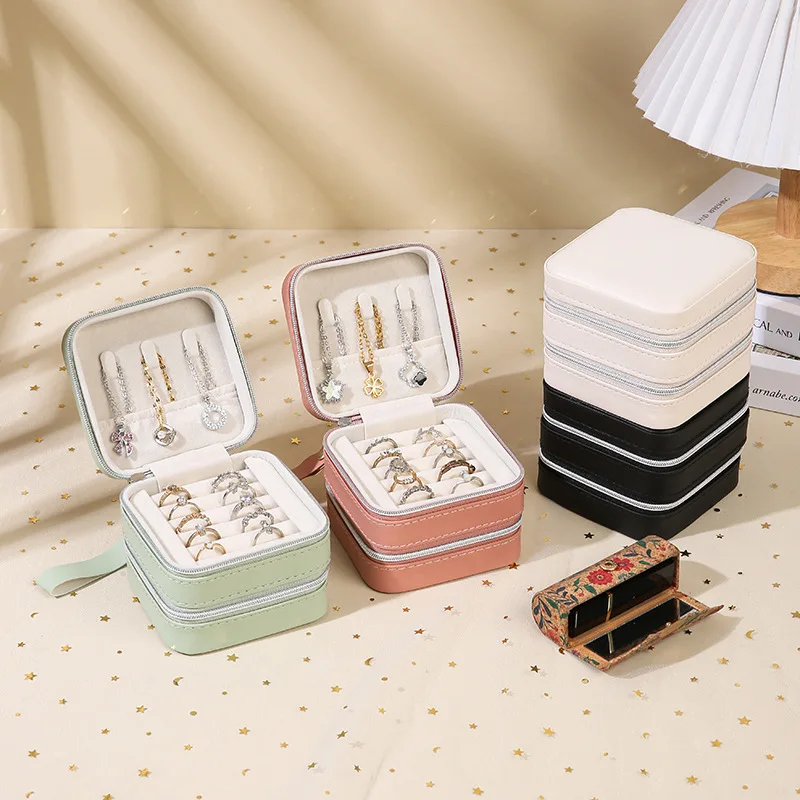 Custom PU leather simple double-layer mini ring and earrings jewelry storage box with mirror