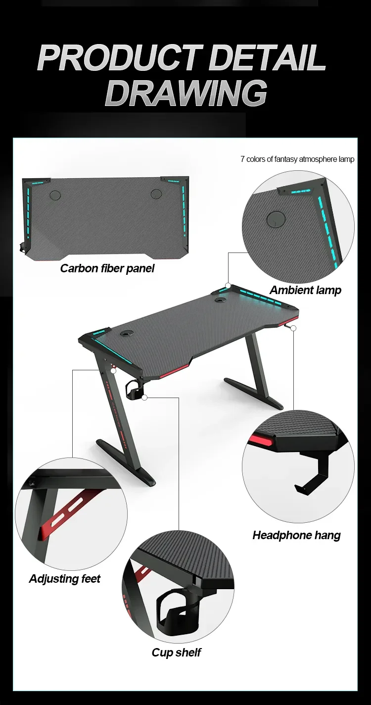 Gaming Desk With Rgb Led Lights,Large Zshaped Gaming Pc Desk With Carbon Fiber Desktop Computer