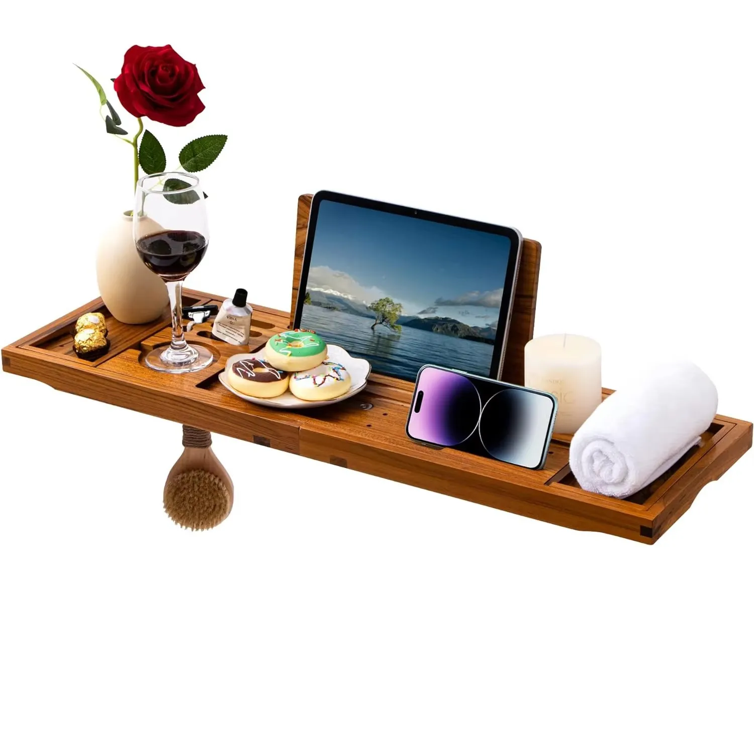 product expandable bamboo bathtub caddy tray luxury bath shelf tablet phone holder wine glass slot spa organizer two piece bathroom-3